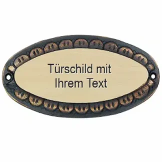 Ovales Messingschild aus gebürstetem Messing mit einem dunklen oxidierten Ornament-Rand