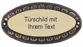 Ovales Messingschild aus gebürstetem Messing mit einem dunklen oxidierten Ornament-Rand