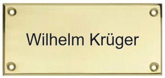 Rechteckiges Türschild aus poliertem Messing mit Schraublöchern und graviertem Text nach Kundenwunsch.