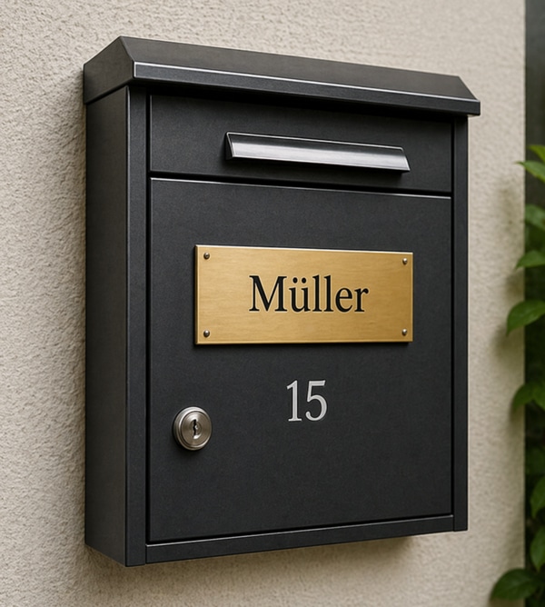 Briefkasten mit graviertem Namensschild aus Messing