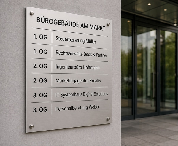 Firmenschild mit Firmenverzeichnis an Bürogebäude