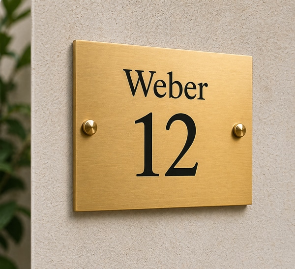 Hausnummernschild aus Messing mit gravierter Hausnummer