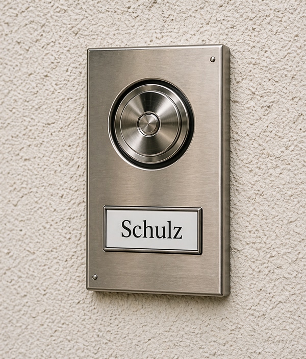 Klingelschild aus Edelstahl neben Haustür mit Namensgravur