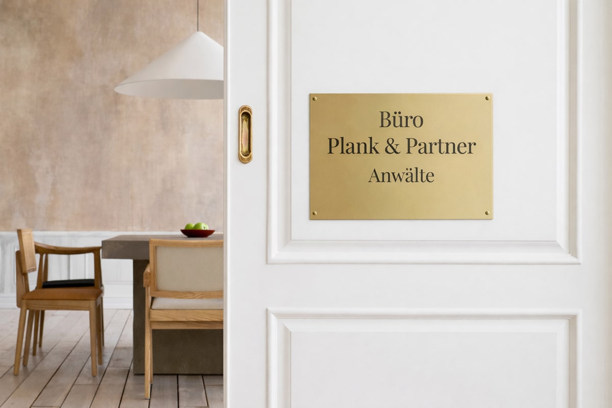 Graviertes Messingschild an der Tür eines Büros