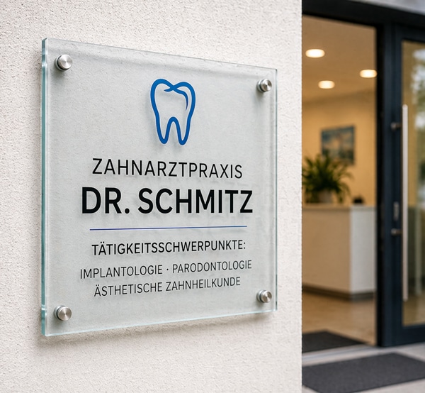 Praxisschild aus Acrylglas für Zahnarztpraxis am Eingang