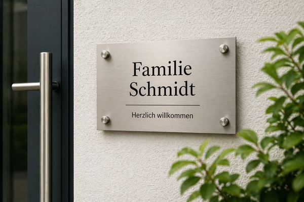 Türschild mit Familiennamen neben Haustür montiert