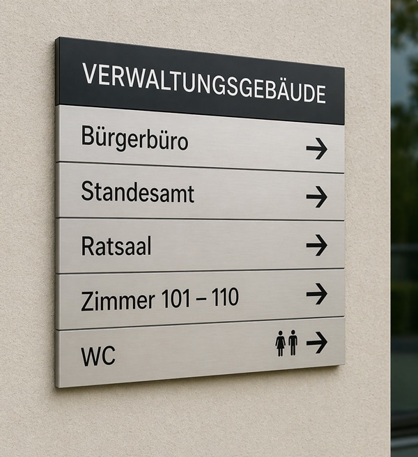 Hinweisschild im Verwaltungsgebäude mit Richtungsangaben