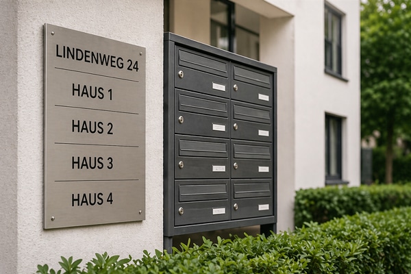 Orientierungsschild für Wohnanlage mit Hausnummern